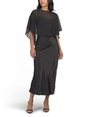 TASH & SOPHIE Made In Usa Satin Dress With Adjustable Straps And Chiffon Capelet